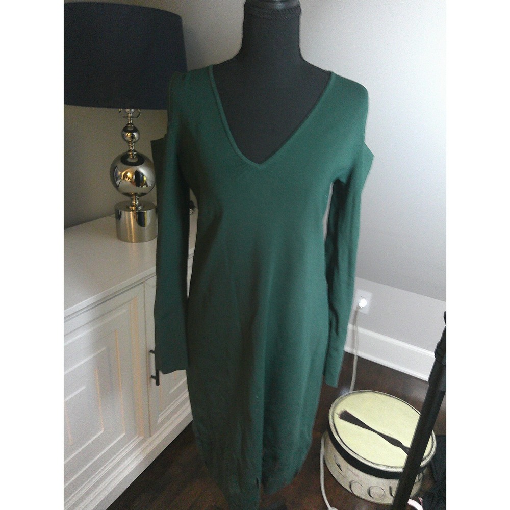 Nic+Zoe Cold Shoulder Knit Dress Womens Size M Green Excellent V-Neck Slit Hem